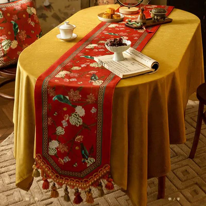 Chinoiserie Plush Festive Red Flower and Bird Table Runner - SinoCultural -- TR001R160