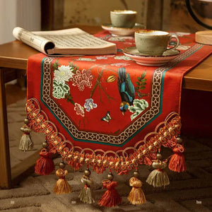 Chinoiserie Plush Festive Red Flower and Bird Table Runner - SinoCultural -- TR001R160