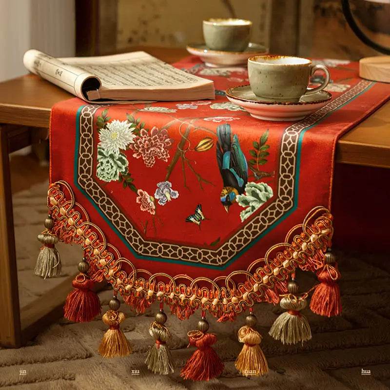 Chinoiserie Plush Festive Red Flower and Bird Table Runner - SinoCultural -- TR001R160