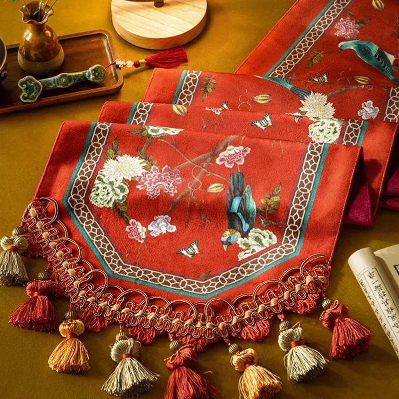 Chinoiserie Plush Festive Red Flower and Bird Table Runner - SinoCultural -- TR001R160