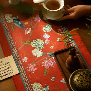 Chinoiserie Plush Festive Red Flower and Bird Table Runner - SinoCultural -- TR001R160