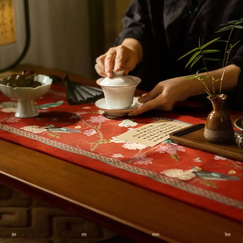Chinoiserie Plush Festive Red Flower and Bird Table Runner - SinoCultural -- TR001R160