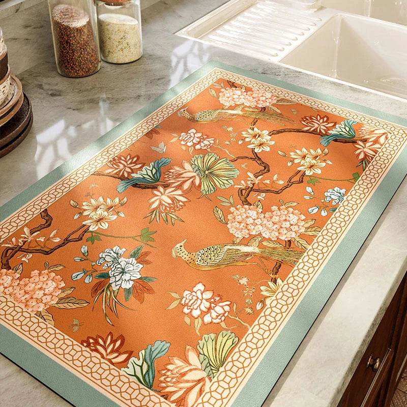 Chinoiserie Retro Spring Floral Kitchen Drain Mat - SinoCultural -- TM011A3040