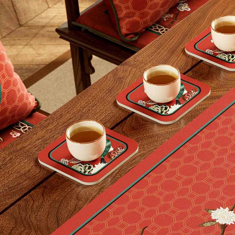 Chinoiserie Royal Red Festive Leather Tea Table Mat - SinoCultural -- TM039A15