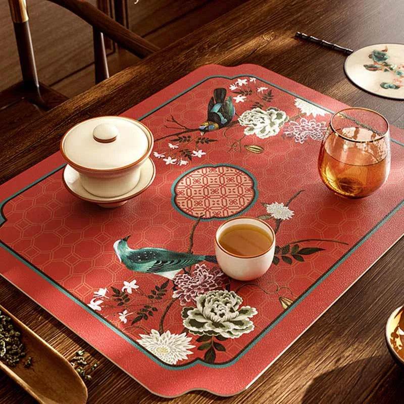 Chinoiserie Royal Red Festive Leather Tea Table Mat - SinoCultural -- TM039A15
