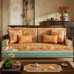 Chinoiserie Short Plush Lumbar Pillow Orange Hydrangea Dream - SinoCultural -- WP003A01