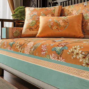 Chinoiserie Short Plush Lumbar Pillow Orange Hydrangea Dream - SinoCultural -- WP003A01