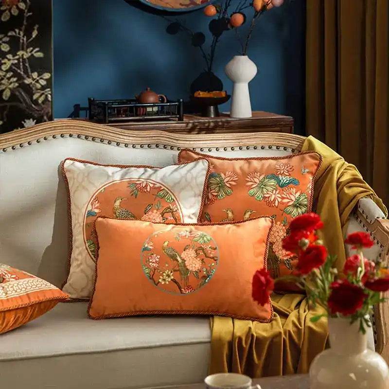 Chinoiserie Sofa Cushion Throw Pillow Orange Hydrangea Dream - SinoCultural -- SJZBZ028A01