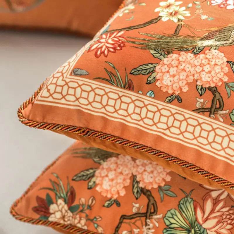 Chinoiserie Sofa Cushion Throw Pillow Orange Hydrangea Dream - SinoCultural -- SJZBZ028A01