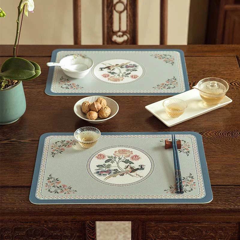 2-Piece Chinoiserie Spring Bird and Flower Pattern Washable Placemat - SinoCultural -- TM036A3045