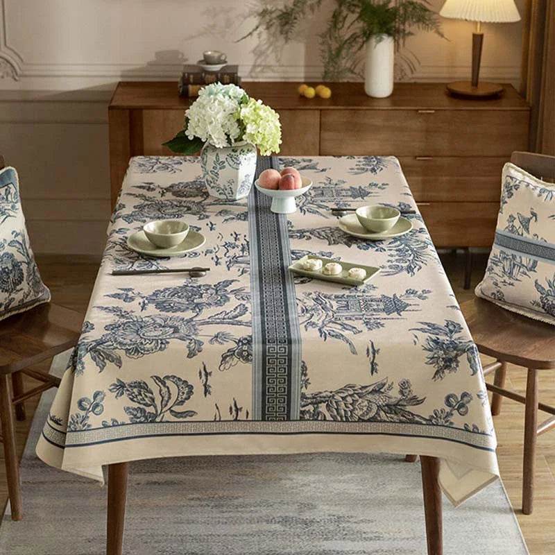 Chinoiserie Vintage Blue and White Tablecloth Pagoda - SinoCultural -- TC007BW85