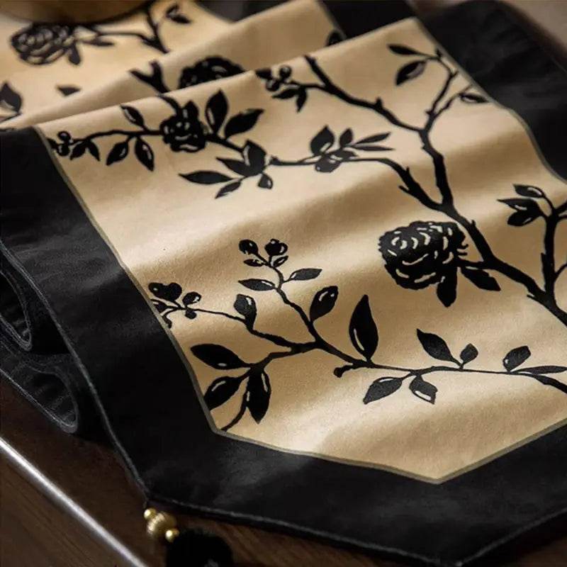 Chinoiserie Vintage Ink Flower and Bird Table Runner - SinoCultural -- TR002W160