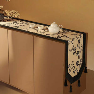 Chinoiserie Vintage Ink Flower and Bird Table Runner - SinoCultural -- TR002W160