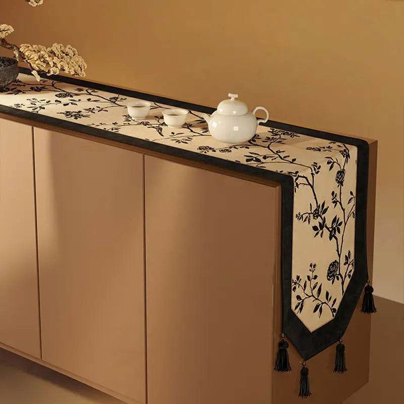 Chinoiserie Vintage Ink Flower and Bird Table Runner - SinoCultural -- TR002W160