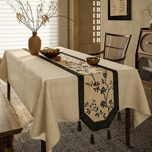 Chinoiserie Vintage Ink Flower and Bird Table Runner - SinoCultural -- TR002W160