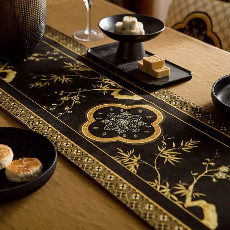 Chinoiserie Vintage Luxury High-End Black Table Runner - SinoCultural -- TR017BK160