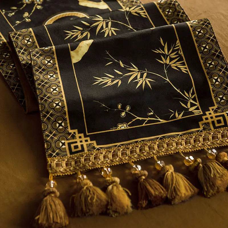 Chinoiserie Vintage Luxury High-End Black Table Runner - SinoCultural -- TR017BK160