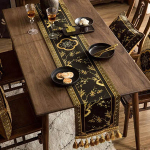Chinoiserie Vintage Luxury High-End Black Table Runner - SinoCultural -- TR017BK160