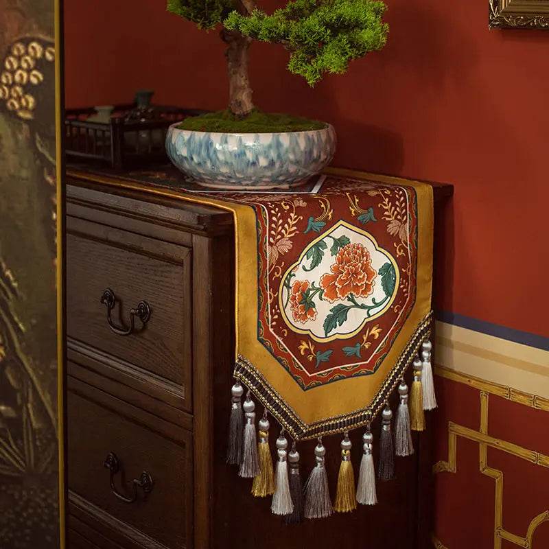 Chinoiserie Vintage Royal Palace Design Red Table Runner - SinoCultural -- TR018R160