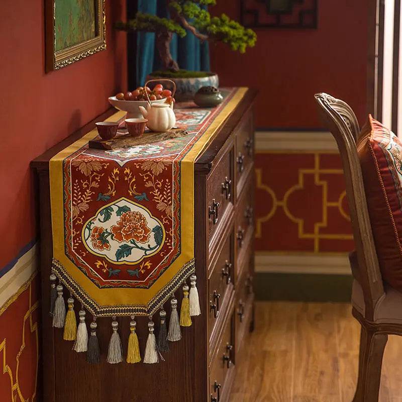 Chinoiserie Vintage Royal Palace Design Red Table Runner - SinoCultural -- TR018R160