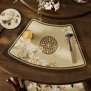 2-Piece Chinoiserie Vintage Springtime Round Table Fan-shaped Placemats - SinoCultural -- TM022A46