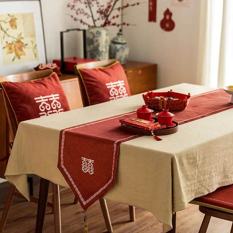 Chinoiserie Wedding Celebration Prosperity Red Table Runner - SinoCultural -- TR012R160
