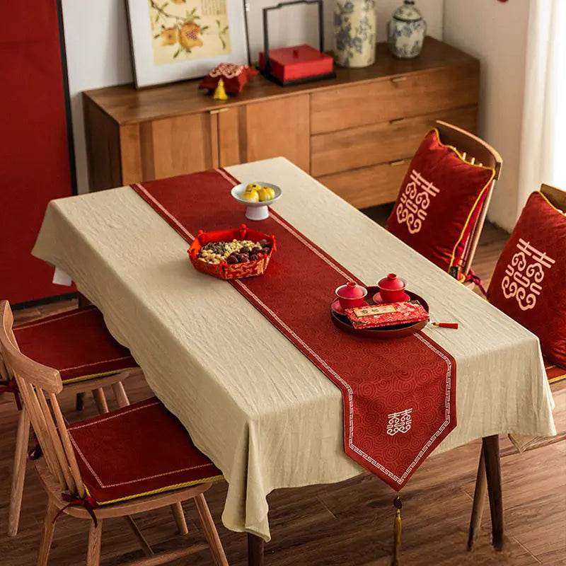 Chinoiserie Wedding Celebration Prosperity Red Table Runner - SinoCultural -- TR012R160