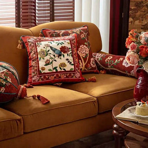 Sinocultural Chinoiserie Wedding Flower and Bird Throw Pillow Joyful Red Celebration - SinoCultural -- SJZBZ018A01
