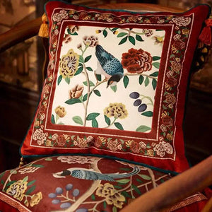 Sinocultural Chinoiserie Wedding Flower and Bird Throw Pillow Joyful Red Celebration - SinoCultural -- SJZBZ018A01