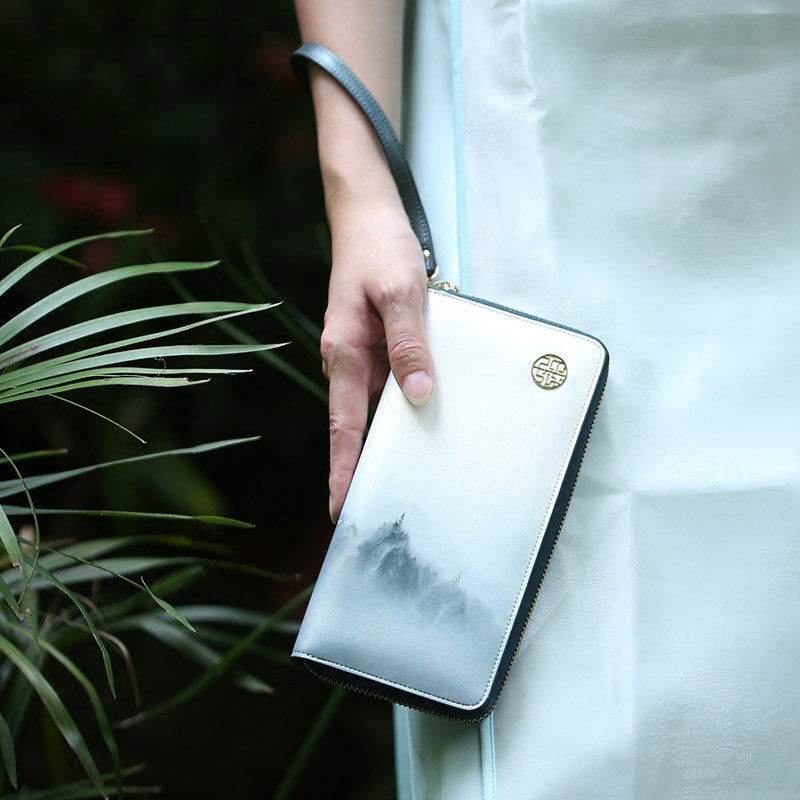 Chinese Style Cloud Mountain Blue Printed Cowhide Wallet - SinoCultural -- P420067