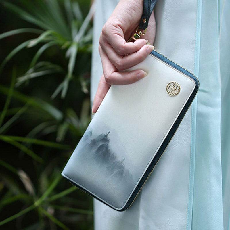 Chinese Style Cloud Mountain Blue Printed Cowhide Wallet - SinoCultural -- P420067