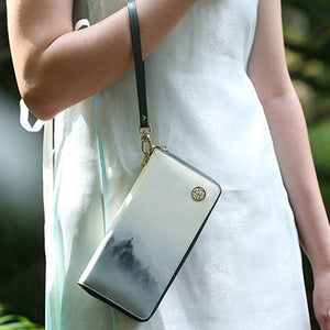 Chinese Style Cloud Mountain Blue Printed Cowhide Wallet - SinoCultural -- P420067