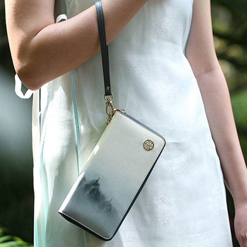 Chinese Style Cloud Mountain Blue Printed Cowhide Wallet - SinoCultural -- P420067