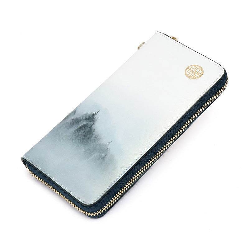 Chinese Style Cloud Mountain Blue Printed Cowhide Wallet - SinoCultural -- P420067