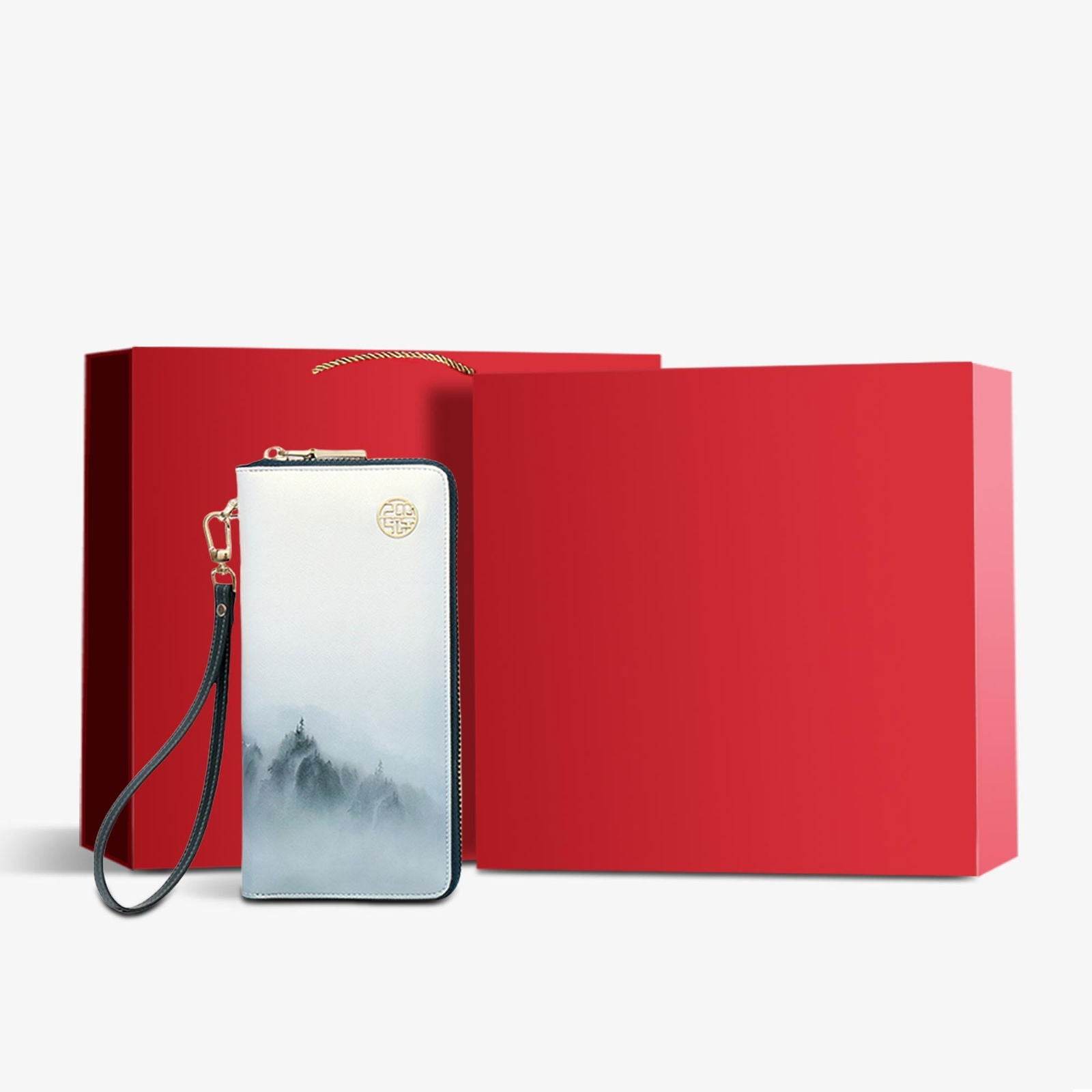 Chinese Style Cloud Mountain Blue Printed Cowhide Wallet - SinoCultural -- P420067