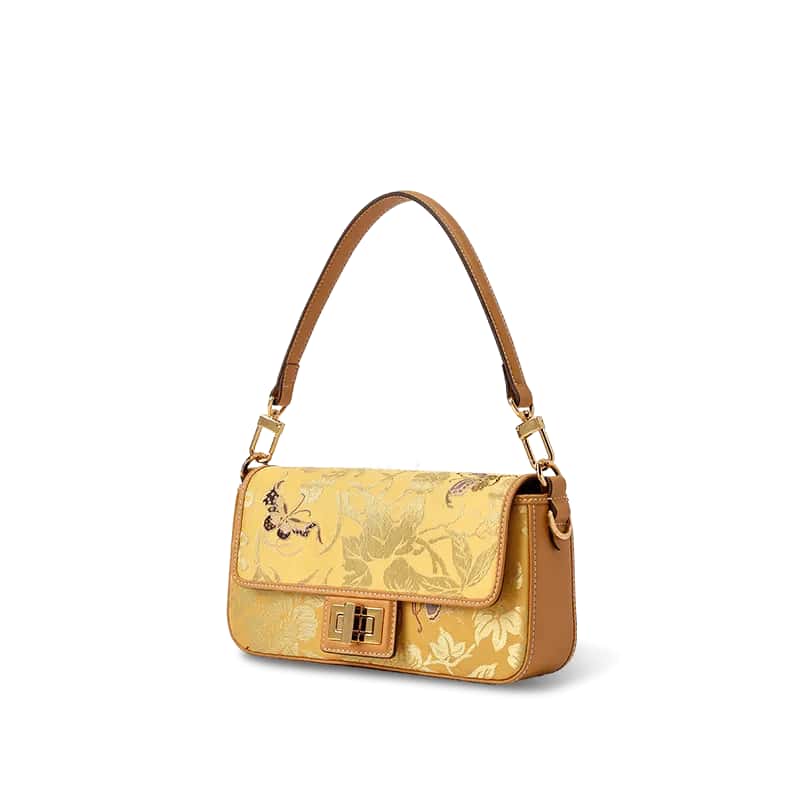 Luxury Yunjin Brocade Leather Handbag with Embroidered Butterfly Pattern