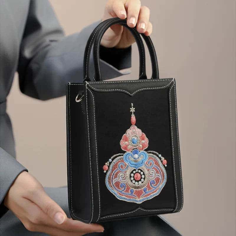 Chinoiserie Gourd Blessings Embroidered Leather Tote bag