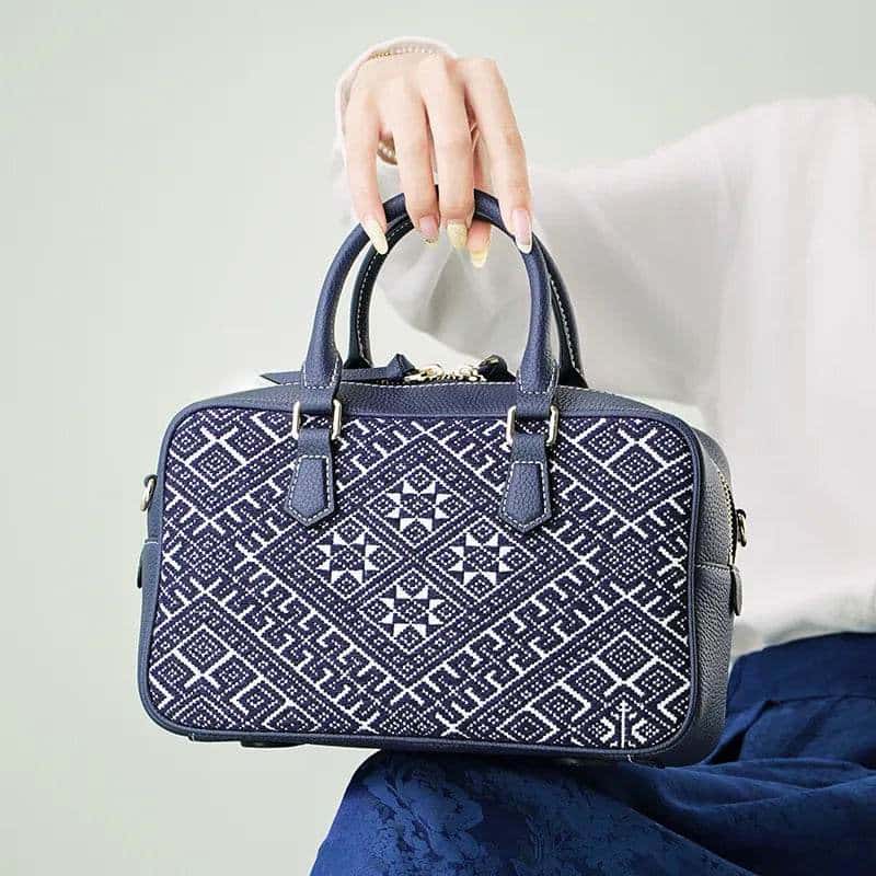 Zhuang Brocade Flying Swallow Motif Embroidered Leather Crossbody Bag