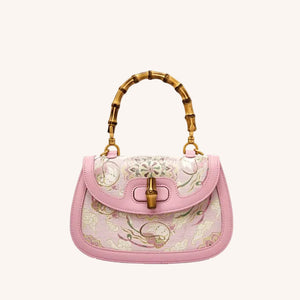 Song Brocade Pink Mulberry Silk Handbag with Bamboo Handle