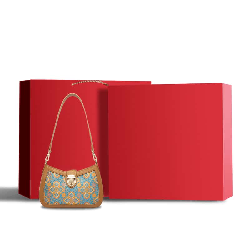 宋锦皮革单肩腋下包 四和如意图案