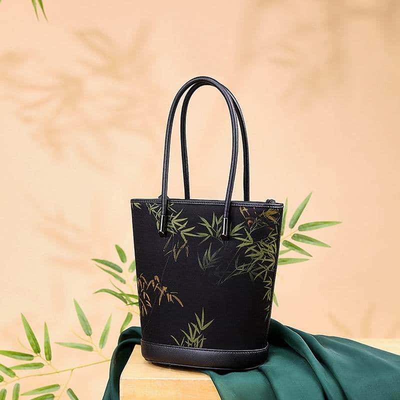 Xiangyunsha Silk Black Bamboo Print Crossbody Bucket Bag