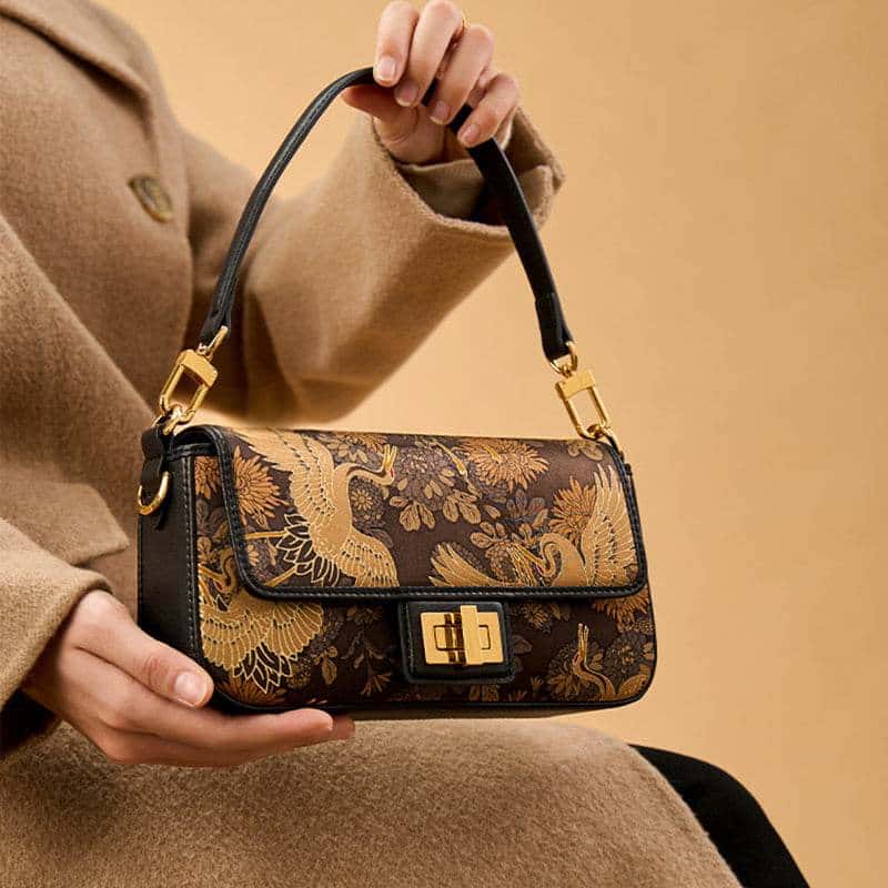 Xiangyunsha Silk Vintage Crane Print Shoulder Bag