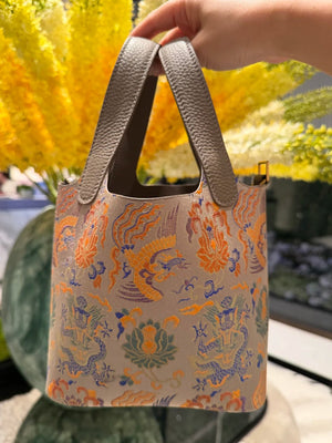 Song Brocade Silk & Leather Bucket Bag – Handmade Top Handle Bag