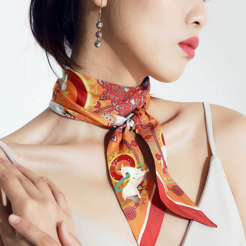 2-Piece Dunhuang Designer Orange Mulberry Silk Twilly 120x5cm - SinoCultural -- LS016