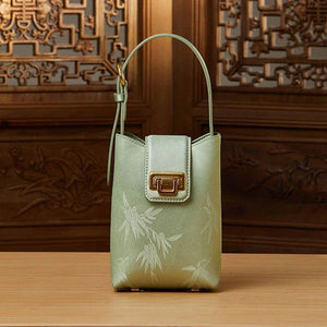 Embossed Leather Green Bamboo Leaf Phone Bag - SinoCultural -- P220621