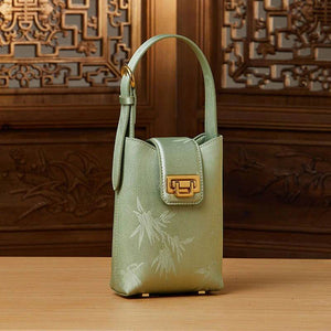 Embossed Leather Green Bamboo Leaf Phone Bag - SinoCultural -- P220621