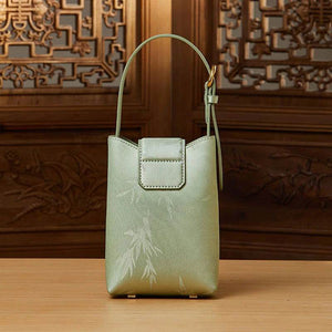 Embossed Leather Green Bamboo Leaf Phone Bag - SinoCultural -- P220621