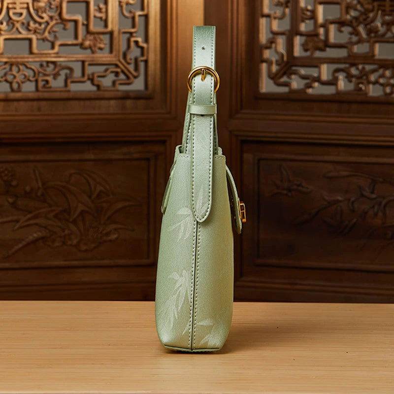 Embossed Leather Green Bamboo Leaf Phone Bag - SinoCultural -- P220621