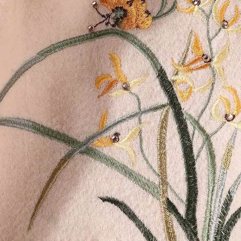 Handcrafted Embroidery Premium 100% Wool Cashmere Scarf Orchid 180x30cm - SinoCultural -- LS064