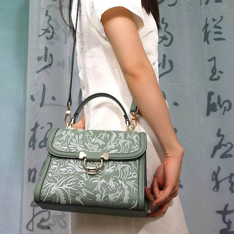 Embroidery Leather Handbag Dunhuang Culture Designer Bag - SinoCultural -- CXXB054B